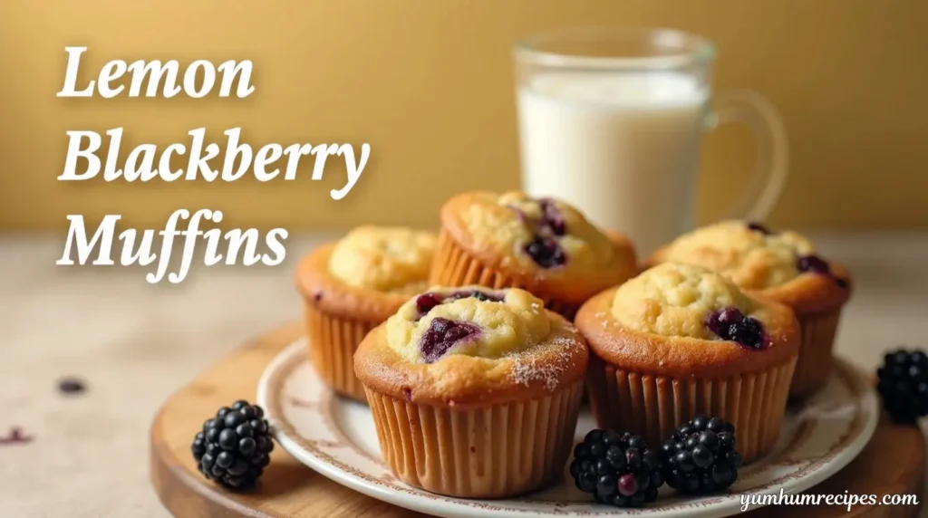 A warm and inviting plate of freshly baked lemon blackberry muffins, perfect for breakfast or brunch.