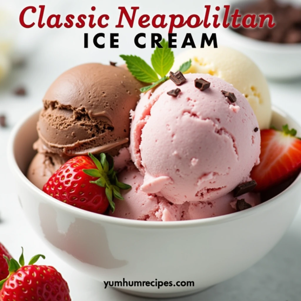 Delicious bowl of classic neapolitan ice cream with chocolate, vanilla, and strawberry flavors, garnished with fresh strawberries and chocolate shavings.