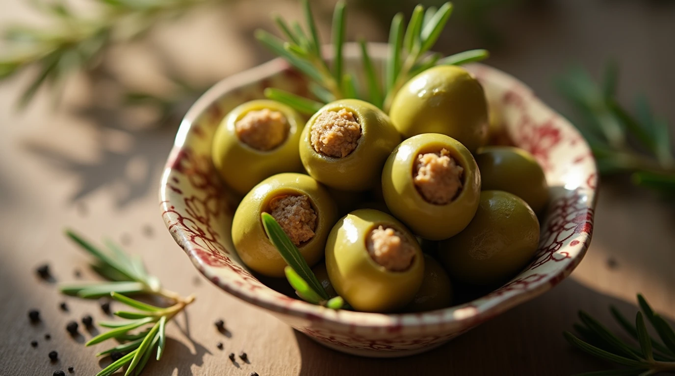 A cluster of green olives stuffed with creamy filling and garnished with rosemary and black pepper.