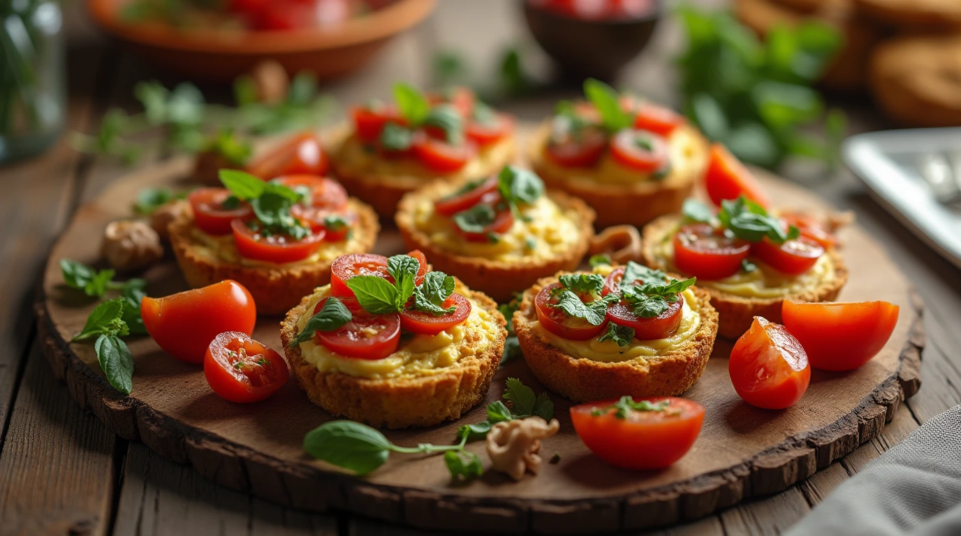 A selection of seven delicious appetizers, including bruschetta, spinach and artichoke dip, and mini quiches, arranged on a rustic wooden platter.