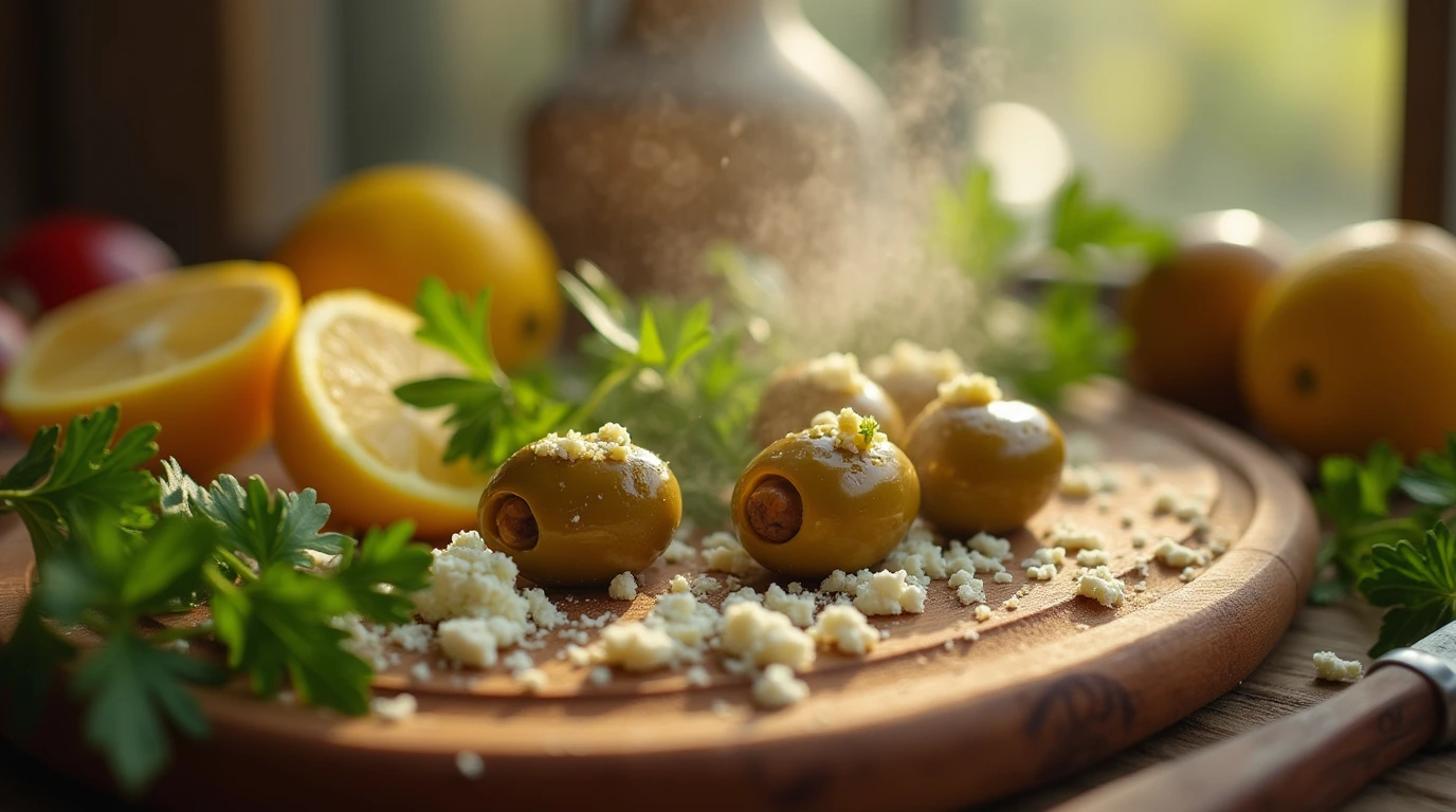 A beautifully styled cutting board featuring olives, parsley, lemons, and feta cheese, with a warm golden light and rustic wooden background.