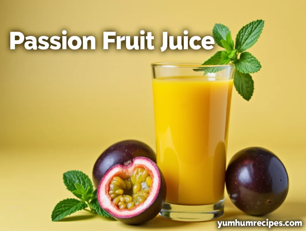 Glass of refreshing passion fruit juice with fresh passion fruits and mint leaves, titled 'Passion Fruit Juice'.