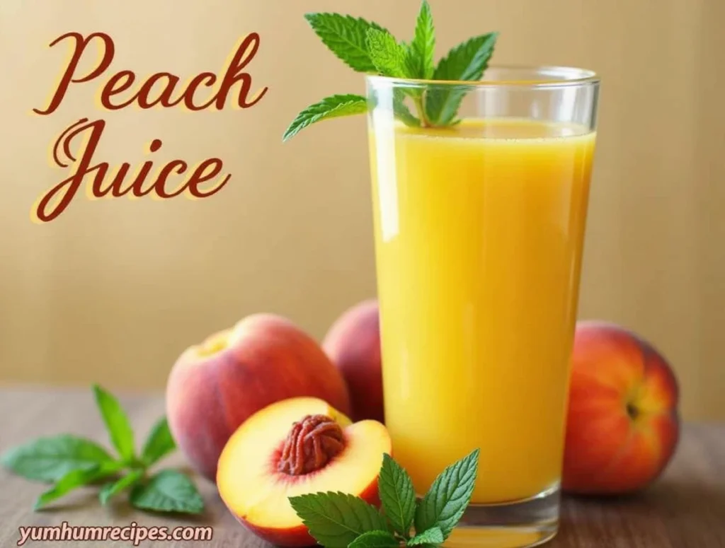 Refreshing glass of peach juice with fresh peaches and mint leaves, titled 'Peach Juice' at the top and 'yumhumrecipes.com' at the bottom.