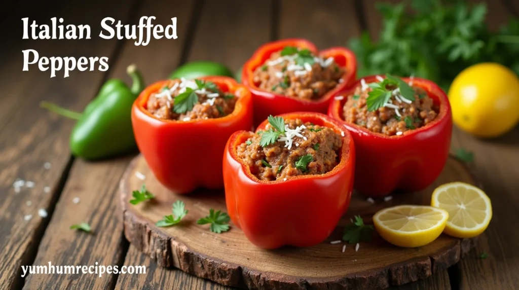 A mouthwatering arrangement of colorful Italian Stuffed Peppers with a rustic wooden cutting board and fresh parsley, perfect for a delicious meal or appetizer.