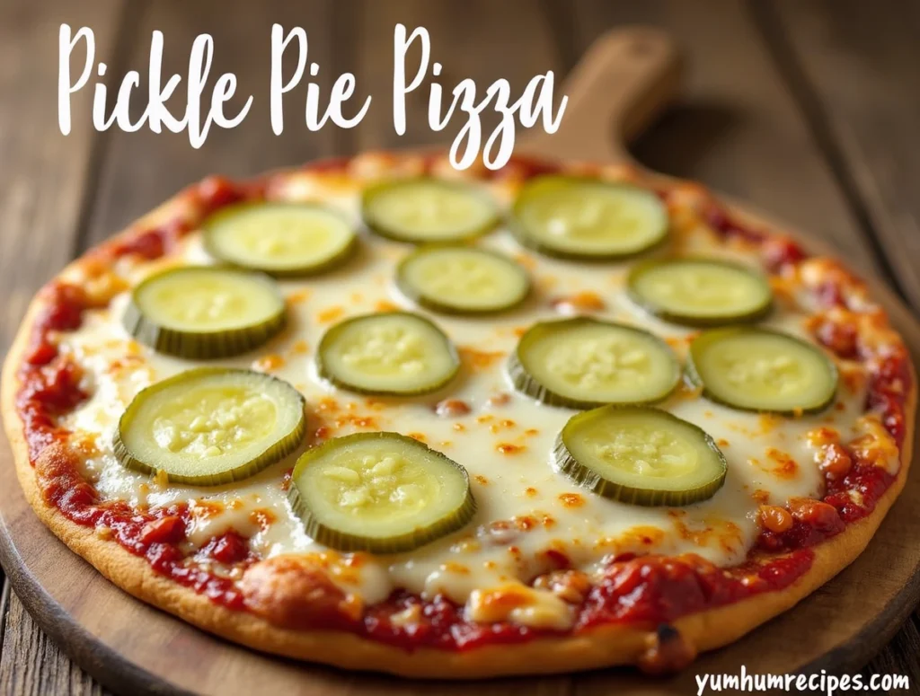 Delicious pickle pie pizza topped with pickles and melted cheese on a rustic wooden table.