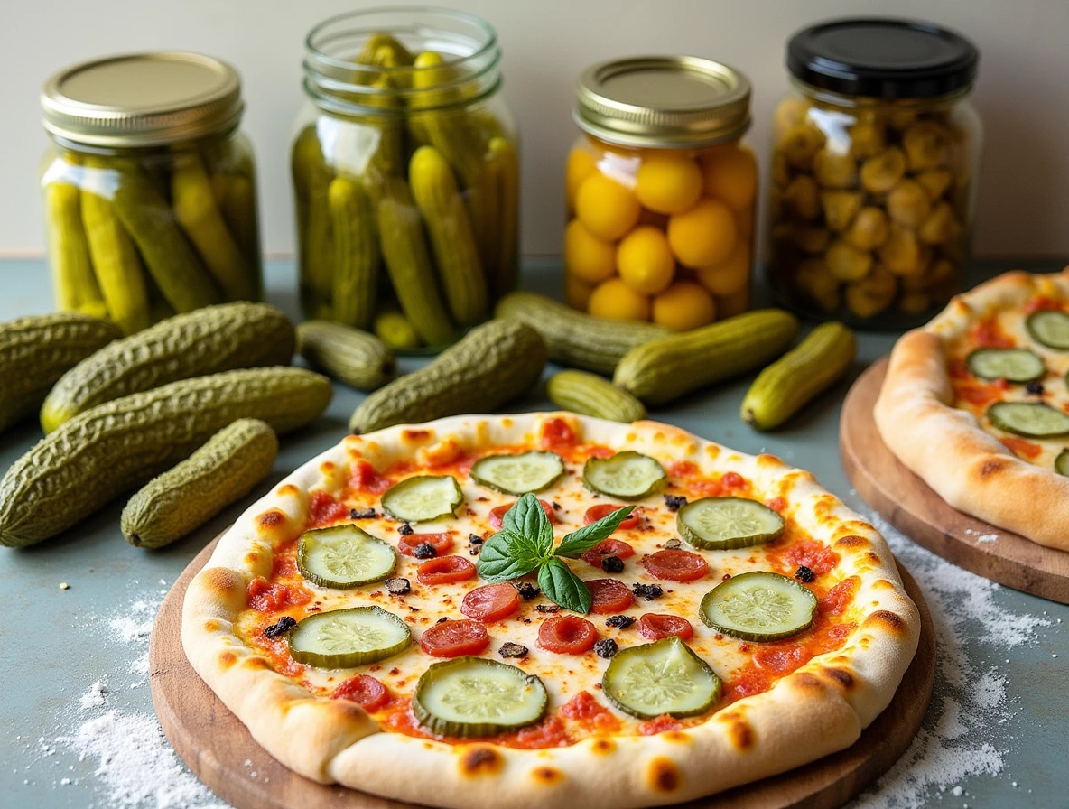 Pickles and Pizza Dough: Essential Ingredients for Pickle Pie Pizza Pickles (Dill Pickles, Sweet Pickles, Spicy Pickles, Homemade Pickles) and Traditional Pizza Dough and Herb-Infused Pizza Dough and Whole Wheat Pizza Dough and Cauliflower Pizza Crust on the table.