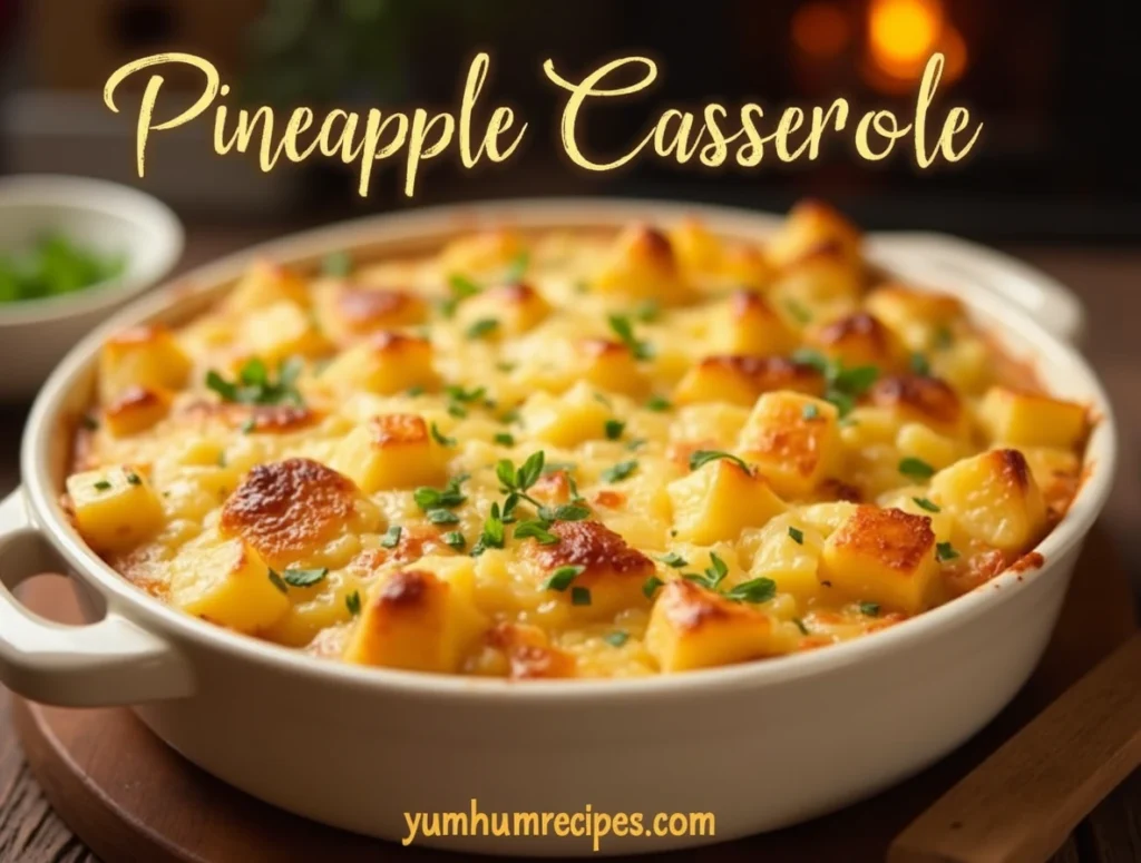 Pineapple casserole dish with a golden brown topping and chunks of pineapple, garnished with fresh herbs, set in a rustic kitchen.