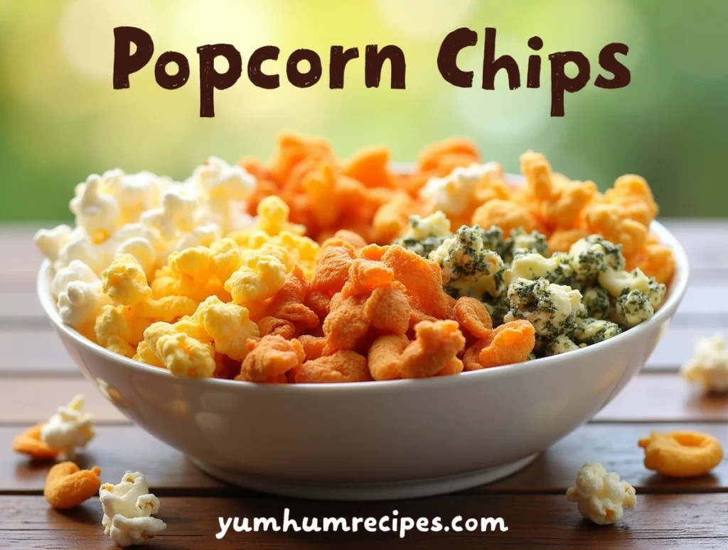 A colorful assortment of homemade popcorn chips in various flavors, including sea salt, cheese, chili lime, caramel, and herb garlic, displayed in a bowl on a rustic wooden table.