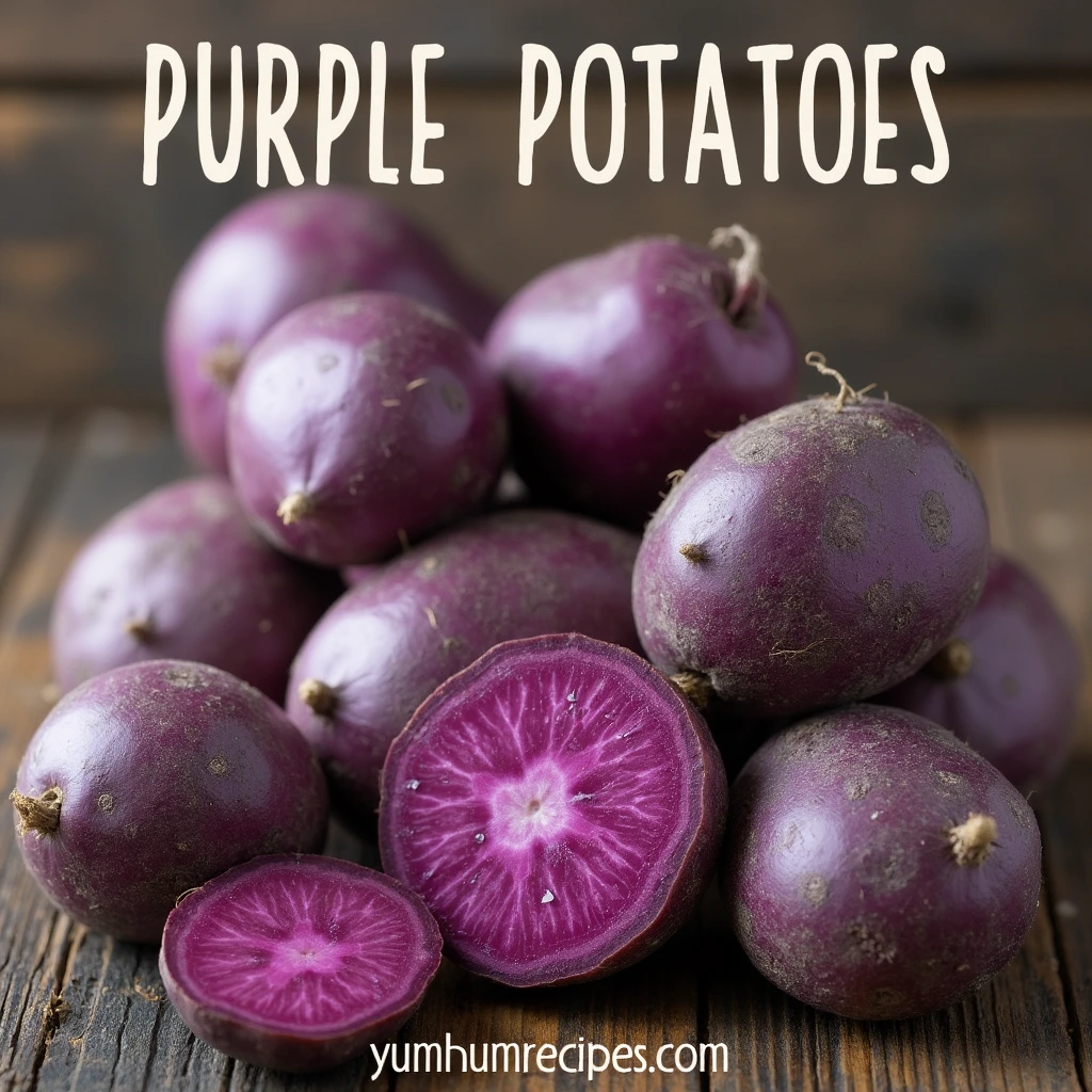 A variety of purple potatoes displayed on a rustic wooden surface, showcasing their unique shapes and vibrant colors.