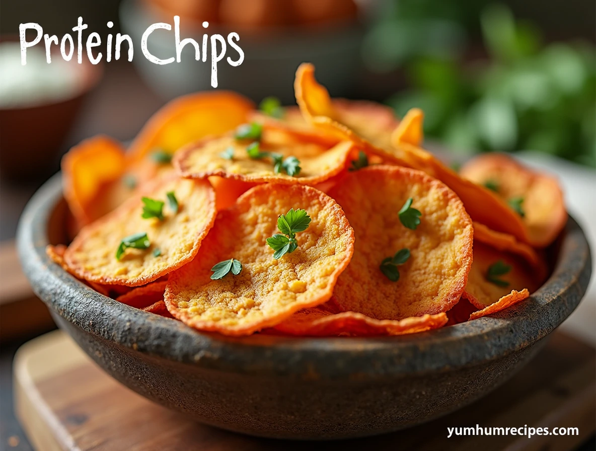 A variety of colorful protein chips in a rustic bowl, garnished with herbs and spices, set against a warm kitchen background.