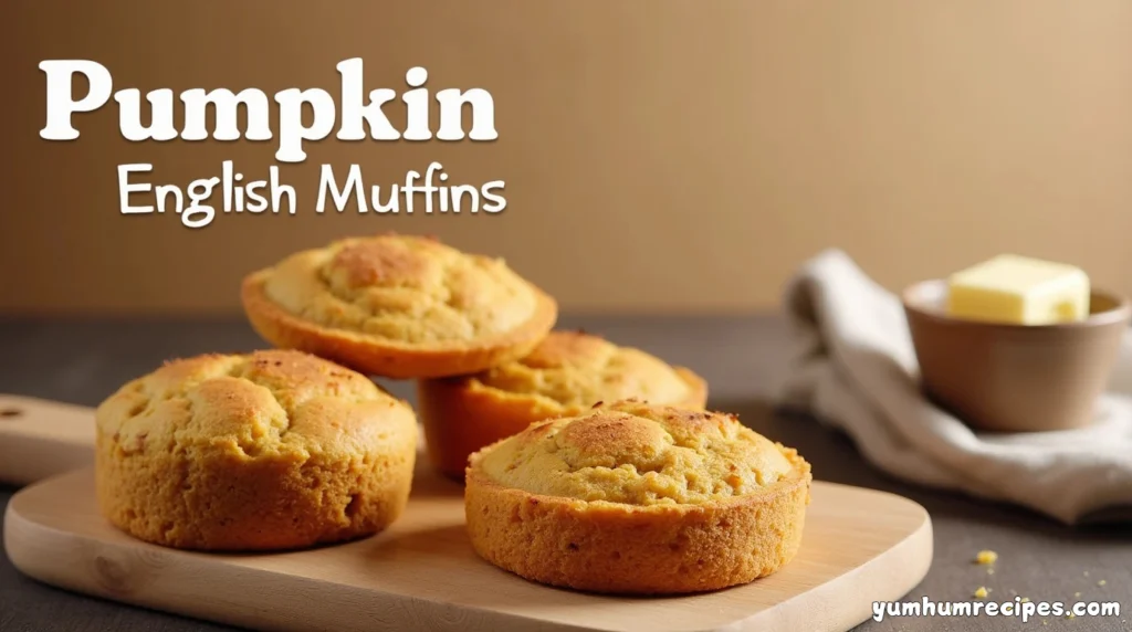 Freshly baked pumpkin English muffins with a warm, golden crust and a delicious, buttery aroma, showcasing the perfect recipe for a cozy fall morning.