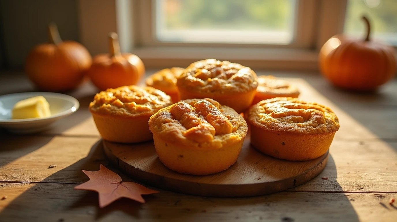 A warm and inviting image of freshly baked pumpkin English muffins with whipped butter on a rustic wooden table.