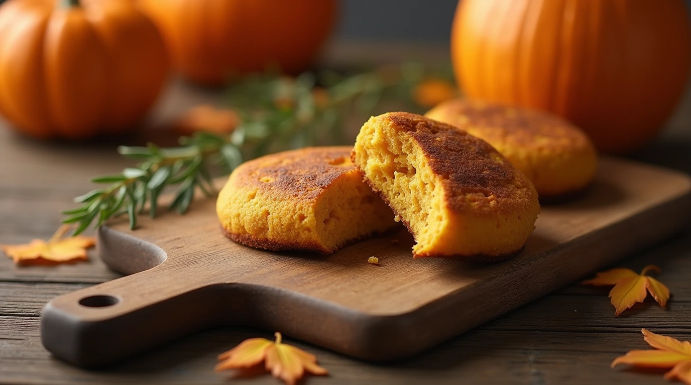 A beautifully styled pumpkin English muffin on a rustic wooden cutting board, garnished with fresh herbs and surrounded by warm, softbox lighting.