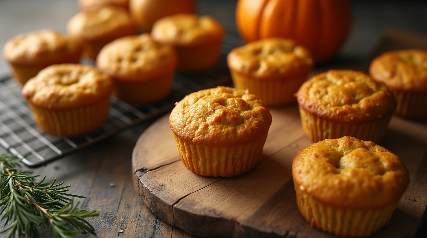 A warm and inviting image of freshly baked pumpkin English muffins on a rustic wooden cutting board, garnished with fresh rosemary.