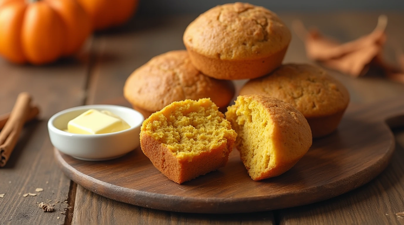 Freshly baked Pumpkin English Muffins with a golden crust and soft, fluffy interior, served with butter on a rustic wooden table, evoking a cozy fall atmosphere.