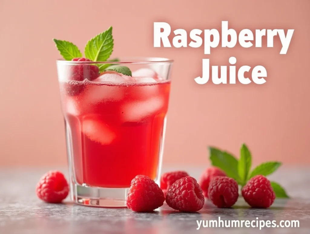 Glass of fresh raspberry juice surrounded by raspberries and mint leaves, with the title 'Raspberry Juice' at the top and 'yumhumrecipes.com' at the bottom.