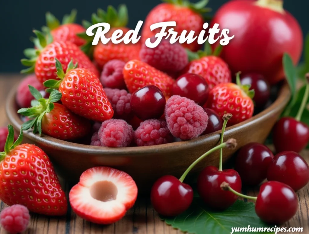 An assortment of fresh red fruits including strawberries, cherries, and raspberries.