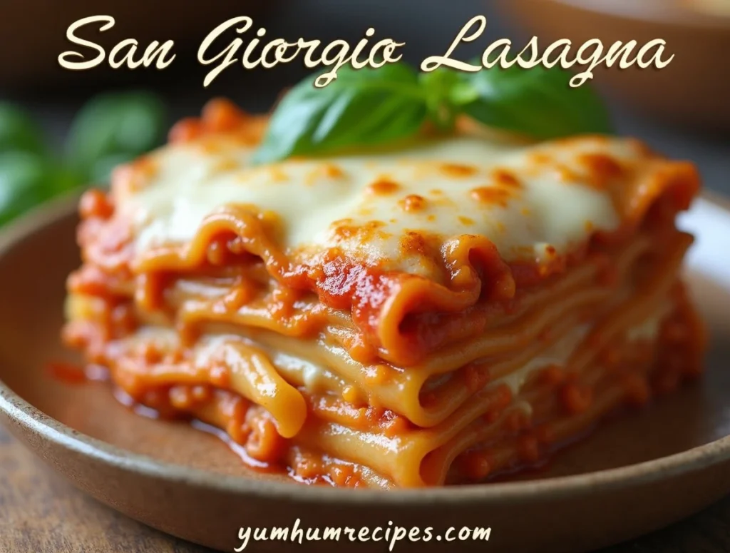 Delicious San Giorgio Lasagna Recipe with golden cheese, layers of pasta, and rich meat sauce, served in a rustic baking dish.