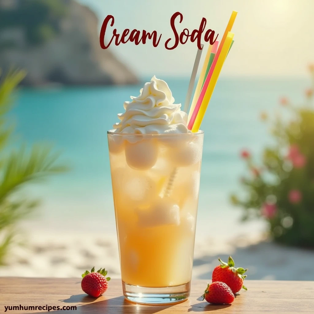 Refreshing glass of cream soda topped with whipped cream and garnished with strawberries, set in a sunny outdoor environment.