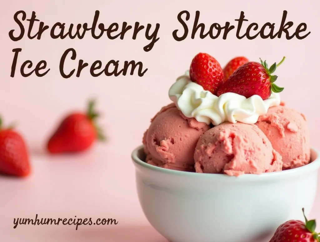 Delicious strawberry shortcake ice cream topped with fresh strawberries and whipped cream in a bowl.