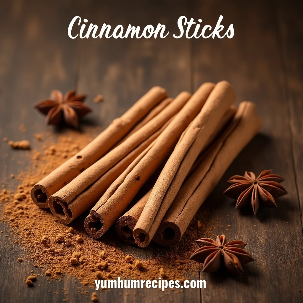 Aesthetic arrangement of cinnamon sticks on a rustic wooden background, with the title 'Cinnamon Sticks​' at the top and 'yumhumrecipes.com' at the bottom.