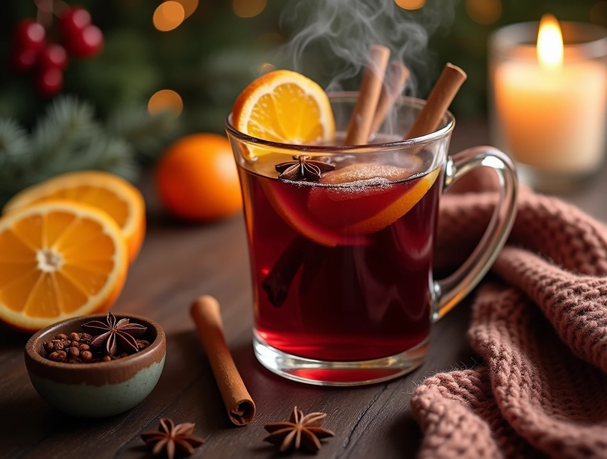 Mulled wine with cinnamon sticks, garnished with orange slices and star anise, creating a warm and inviting atmosphere.