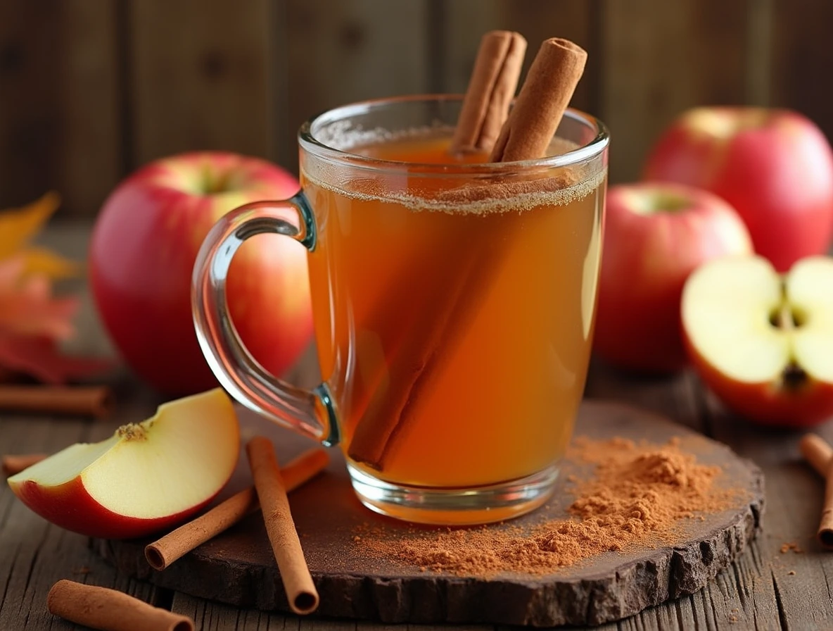 Cinnamon-infused apple cider with cinnamon sticks, garnished with fresh apple slices, creating a warm and inviting autumn atmosphere.