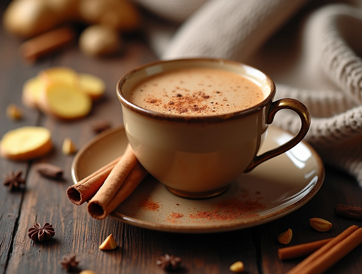 Chai tea with cinnamon sticks, garnished with spices like cardamom and ginger, creating a warm and inviting atmosphere.