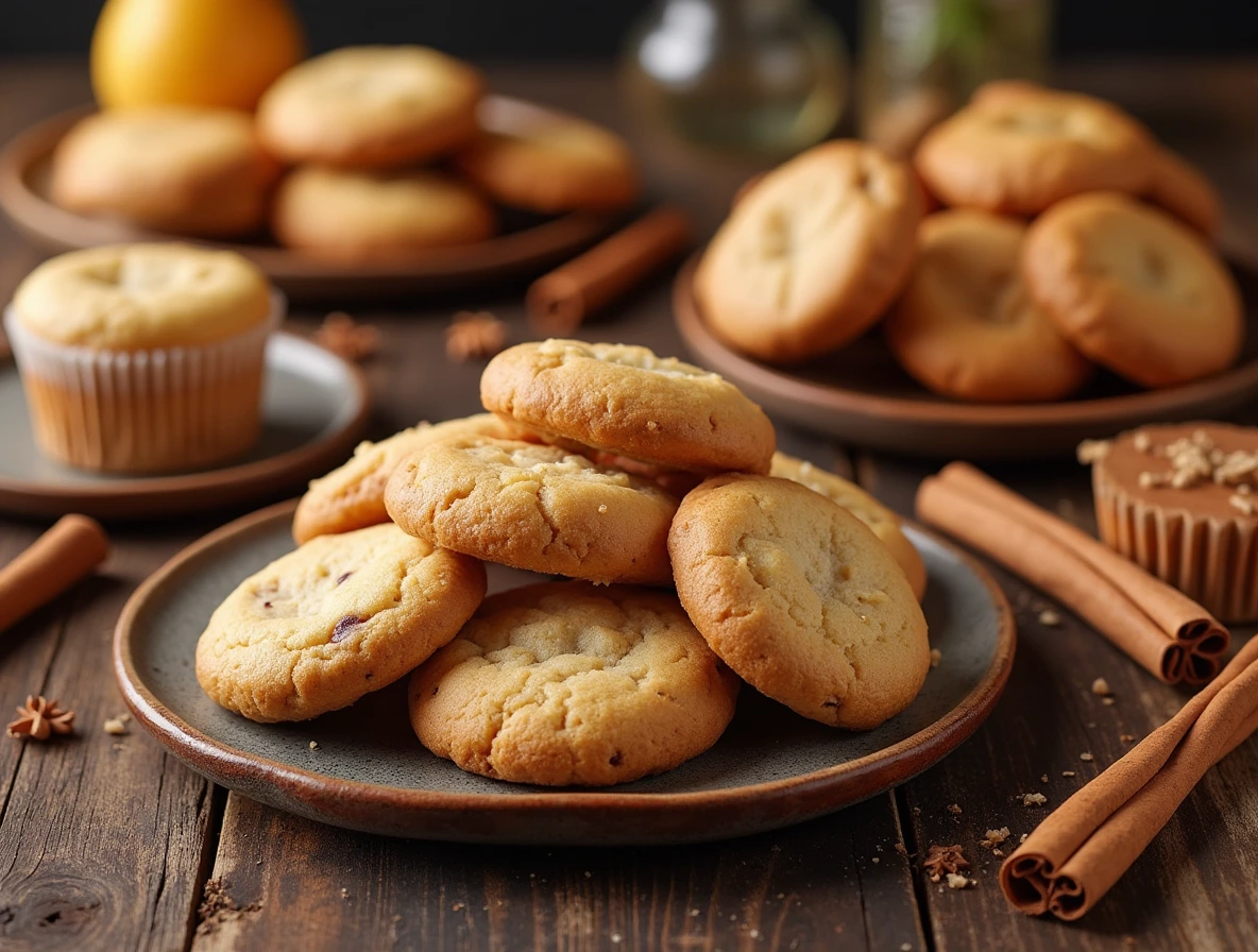 An assortment of desserts made with cinnamon sticks, including cinnamon stick cookies, muffins, rice pudding, apple crisp, bread pudding, chocolate chip cookies, poached pears, ice cream, chocolate fondue, and doughnuts.