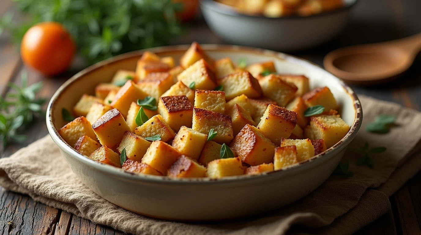 A beautifully styled gluten free stuffing dish with toasted bread cubes and sautéed vegetables, perfect for the holiday season.