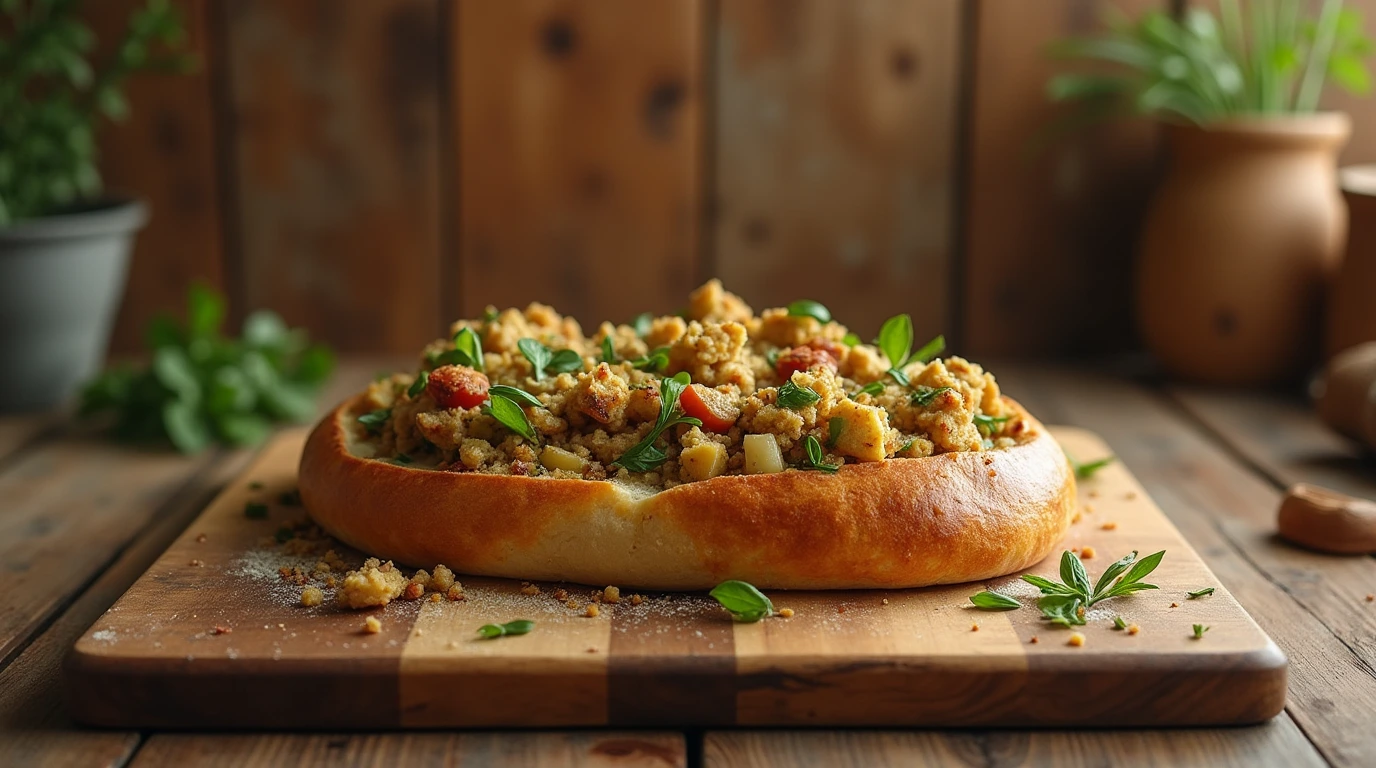 A close-up shot of a gluten free stuffing mixture on a vintage wooden cutting board, surrounded by fresh herbs and spices.