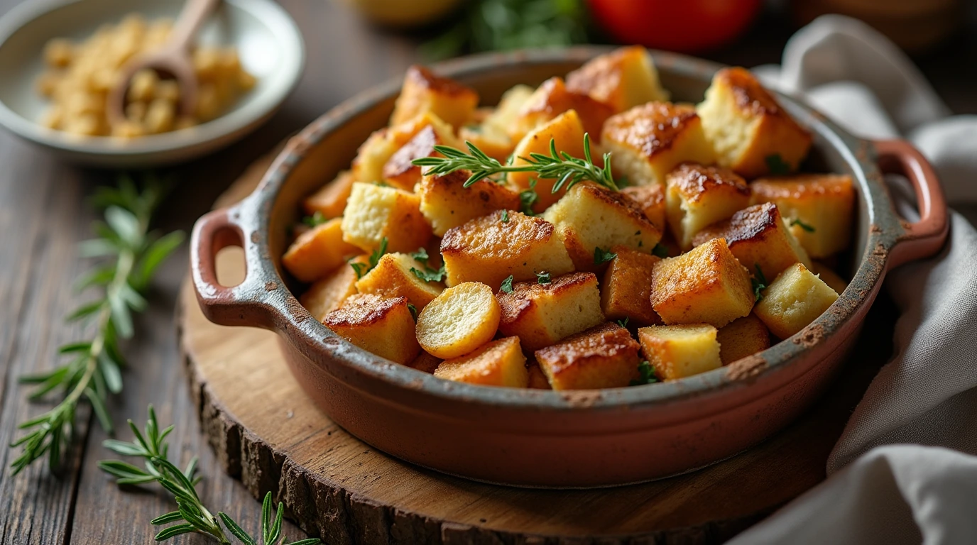 A beautifully styled gluten free stuffing recipe featuring fresh vegetables and herbs, served in a rustic ceramic dish on a vintage cutting board.