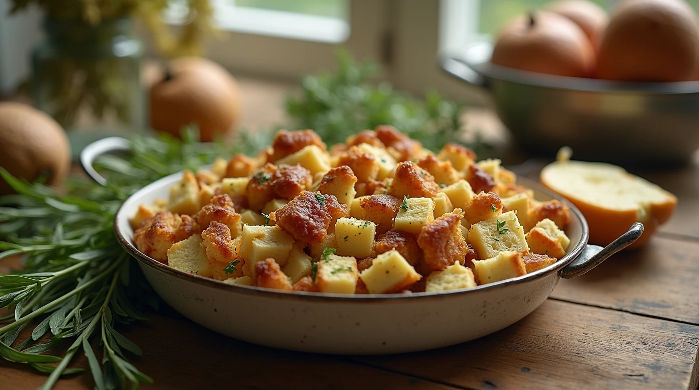 A beautifully styled gluten free stuffing dish with fresh herbs and savory meats