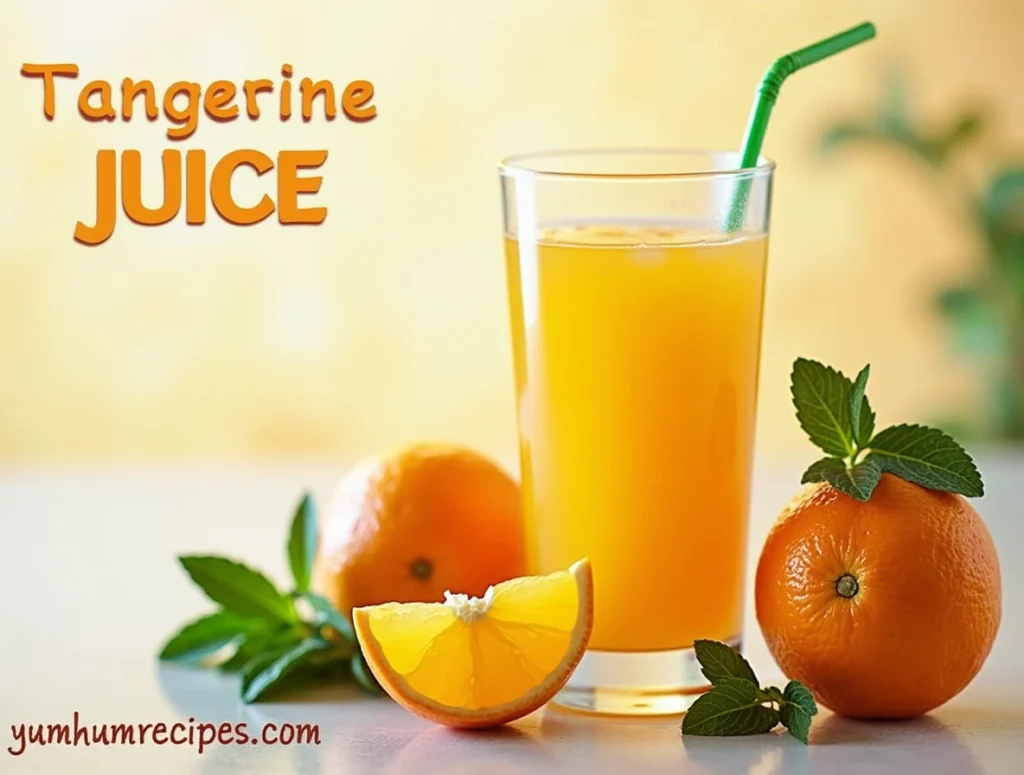 A refreshing glass of tangerine juice surrounded by fresh tangerines and mint leaves, with the title 'Tangerine Juice' at the top and 'yumhumrecipes.com' at the bottom.