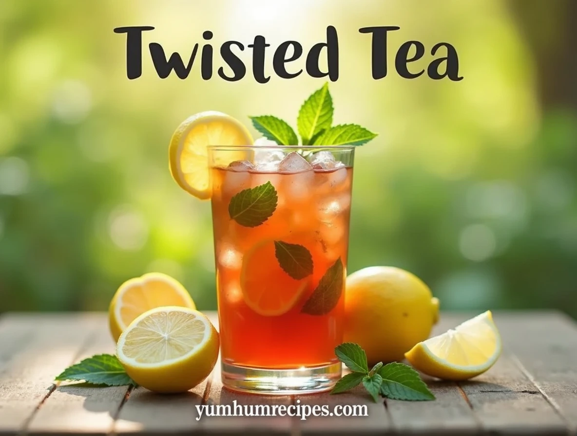 A refreshing glass of twisted tea with ice, garnished with lemon slices and mint, set in a sunny outdoor environment.