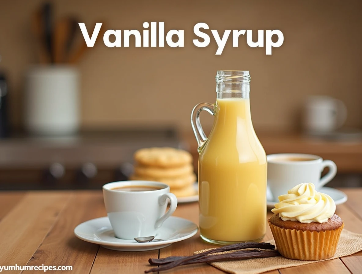 Delicious vanilla syrup bottle in a cozy kitchen setting with coffee and desserts.