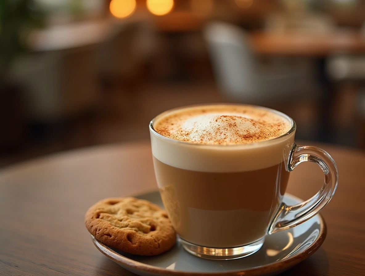 Classic Vanilla Latte Classic Vanilla Latte with frothy milk and vanilla syrup in a clear glass cup.