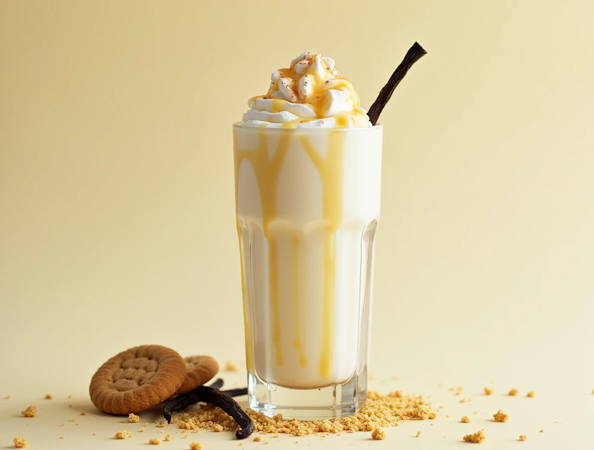 Vanilla Bean Milkshake with Vanilla Syrup Vanilla bean milkshake topped with whipped cream and vanilla syrup in a tall glass.