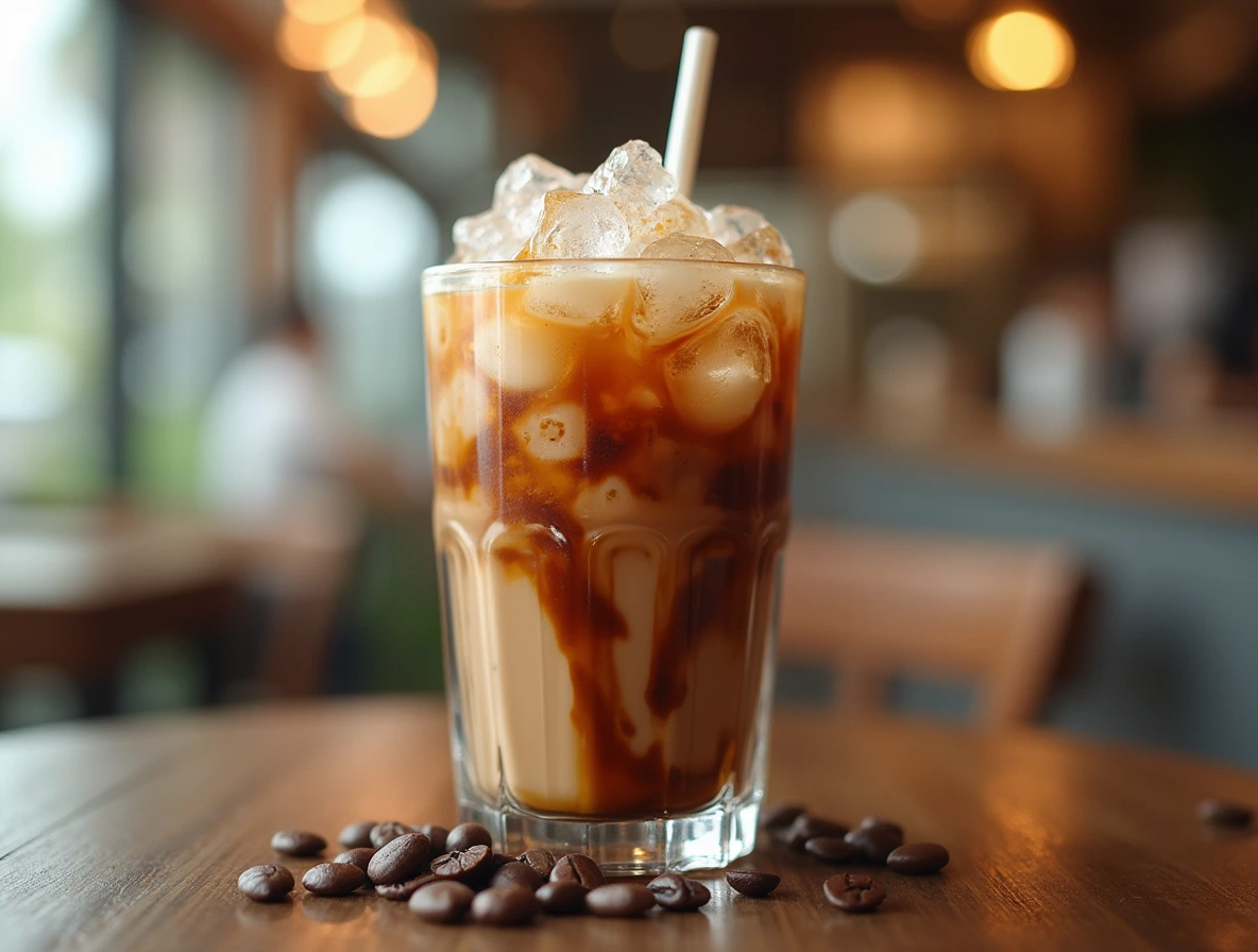 Vanilla Syrup Iced Coffee Vanilla syrup iced coffee served in a tall glass with ice and a drizzle of vanilla syrup.