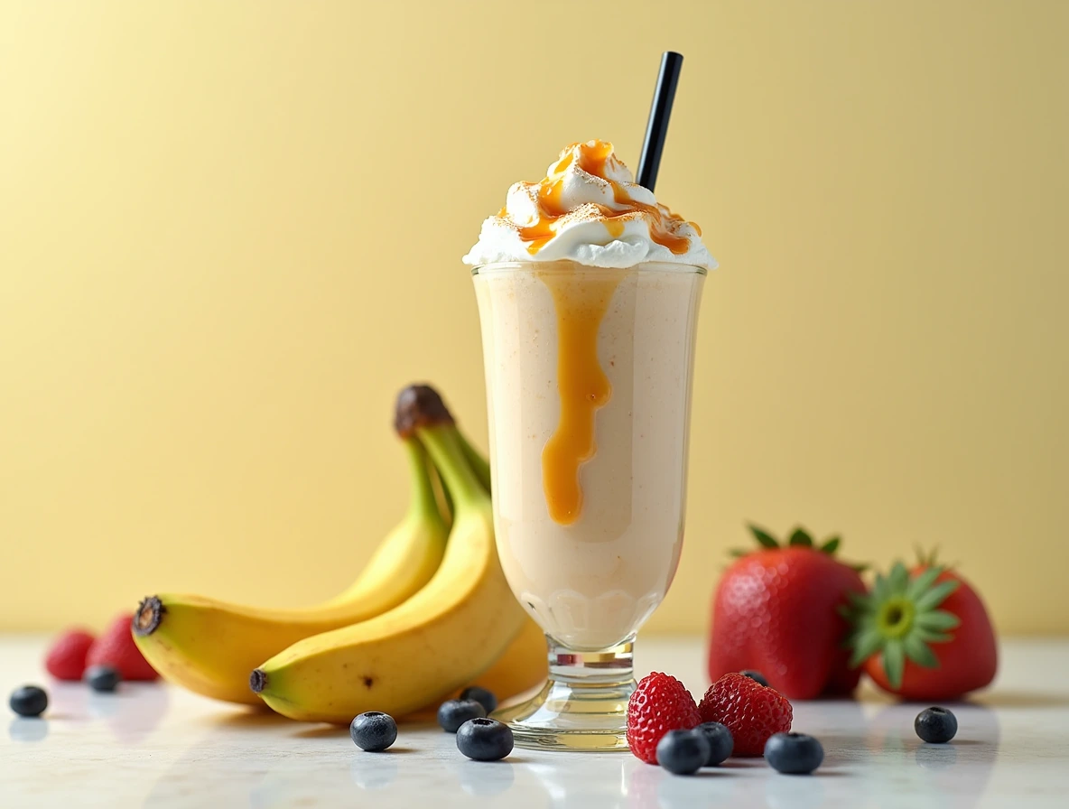 Vanilla Syrup Smoothie Vanilla syrup smoothie topped with whipped cream and vanilla syrup in a tall glass.