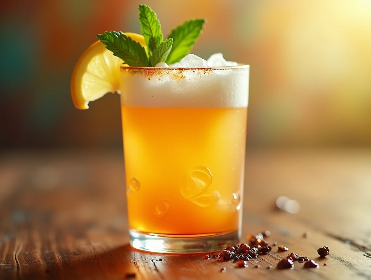 Vanilla Syrup Cocktail Vanilla syrup cocktail served in an elegant glass with a slice of lemon and mint garnish.