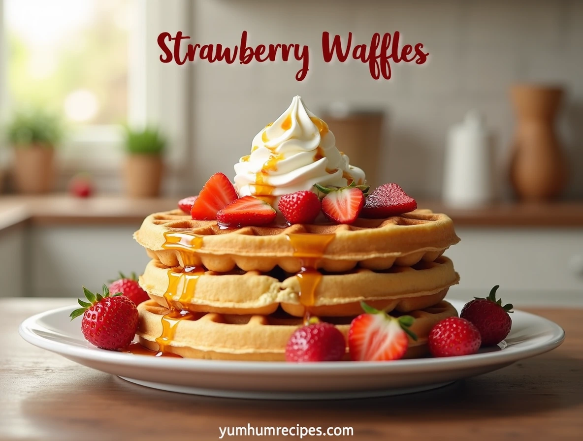 Delicious strawberry waffles topped with fresh strawberries and whipped cream, served on a plate.