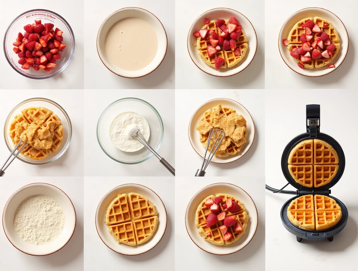 Step-by-Step Instructions for Making Strawberry Waffles: A hyper-realistic split-screen image showing the process of preparing the waffle batter, mixing ingredients, incorporating strawberries, and cooking the waffles.