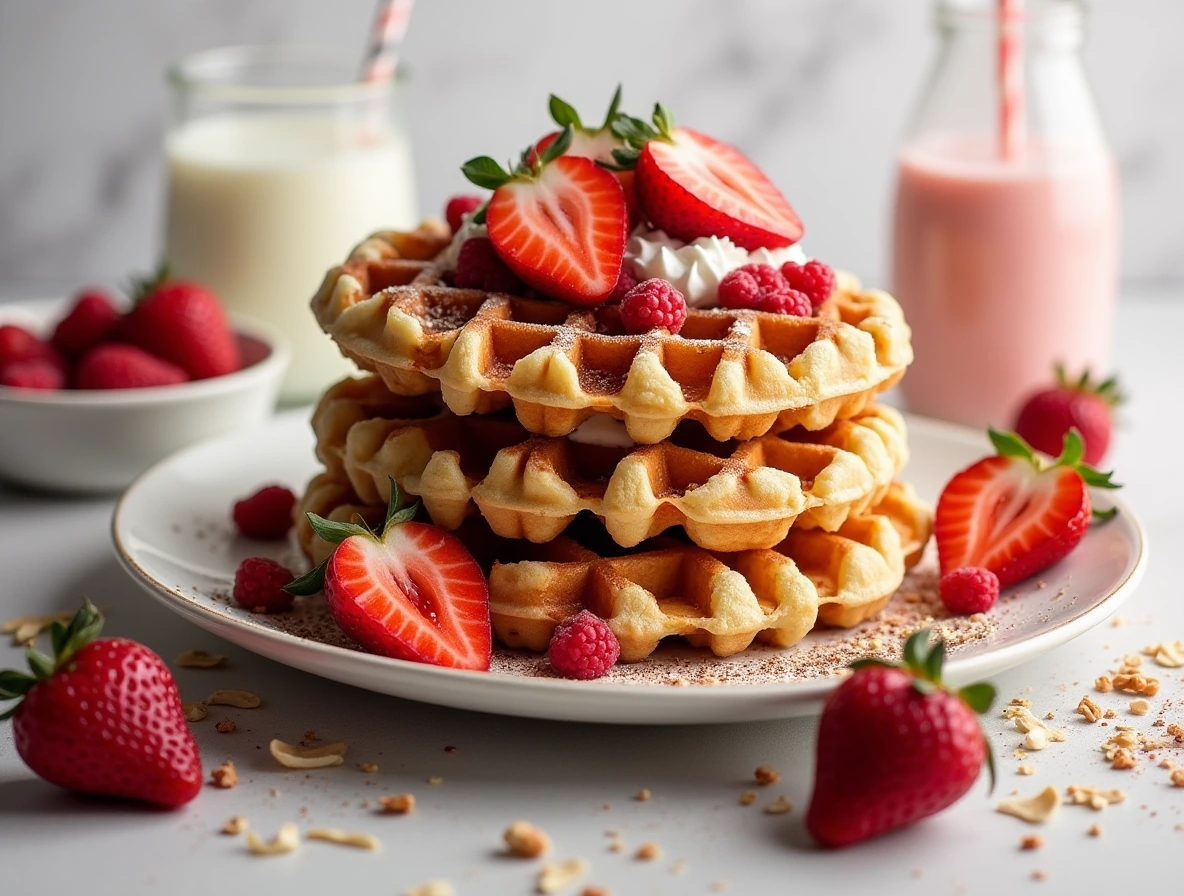 Variety of Serving Suggestions for Strawberry Waffles: Fresh strawberries, whipped cream, maple syrup, chocolate sauce, yogurt, nuts and seeds, powdered sugar, ice cream, citrus zest, smoothies, fresh fruit juice, herbal tea, freshly brewed coffee, milkshakes, hot chocolate, iced coffee, mimosas.