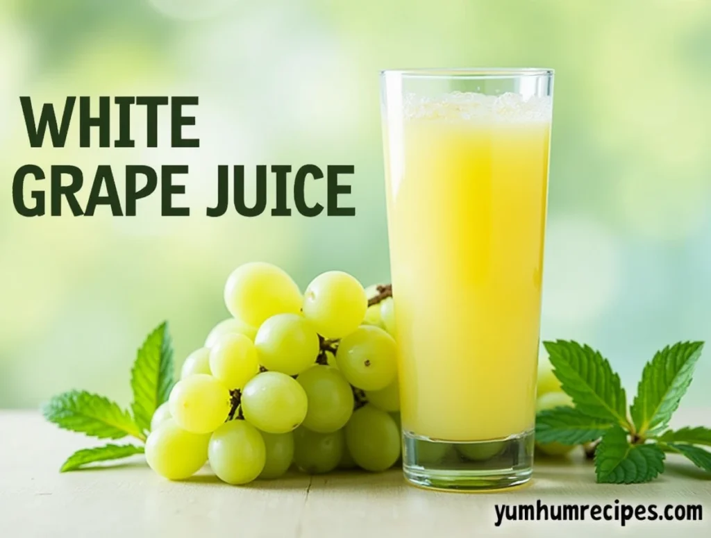 Glass of refreshing white grape juice surrounded by fresh green grapes and mint leaves, with the title 'White Grape Juice' at the top and 'yumhumrecipes.com' at the bottom.