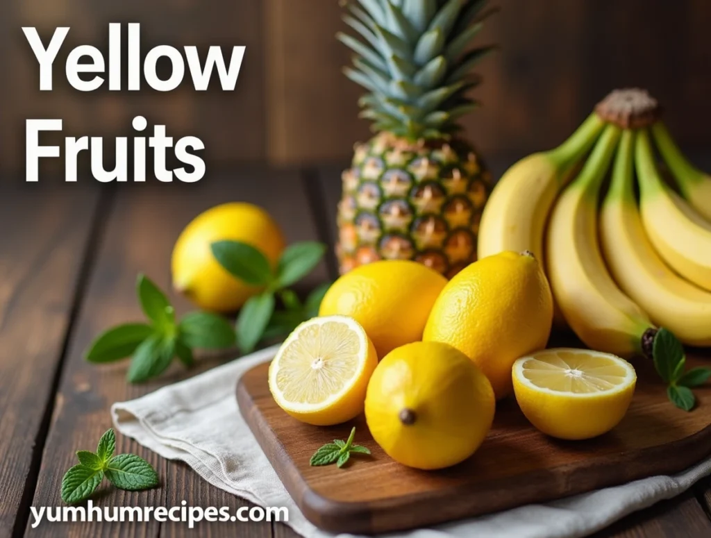 A colorful arrangement of yellow fruits, including lemons, pineapples, and bananas, with the keyword "yellow fruits" prominently displayed.