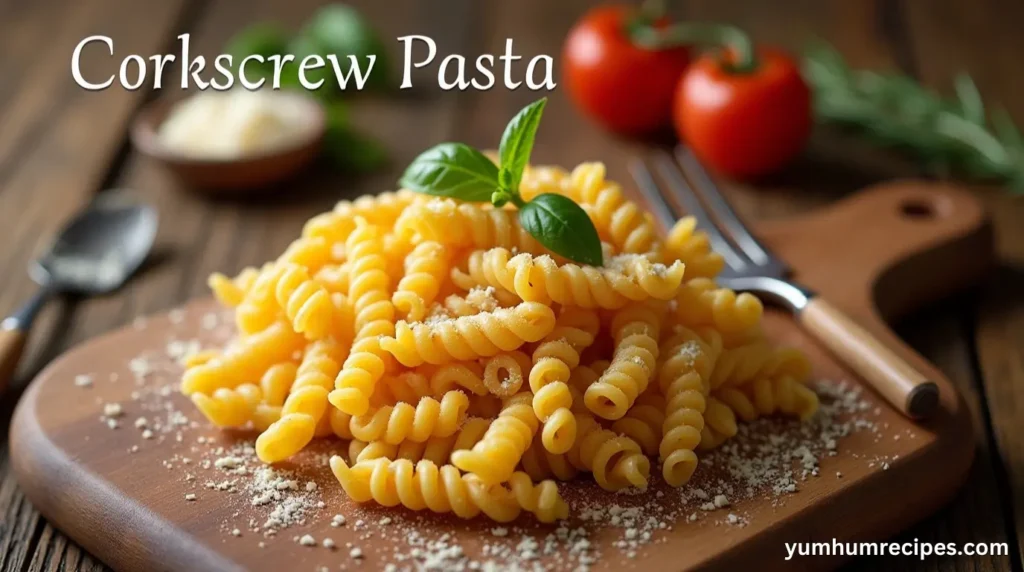 A beautifully styled corkscrew pasta dish with natural lighting, featuring a rustic wooden cutting board and vintage-style kitchen utensils.