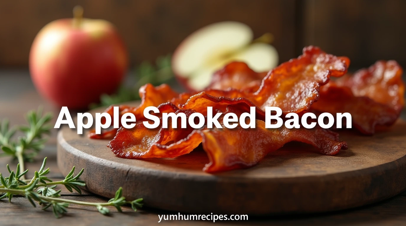 A plate of crispy, golden-brown apple smoked bacon with text overlay reading "Apple Smoked Bacon" and a subtle background of a wooden cutting board and fresh thyme.