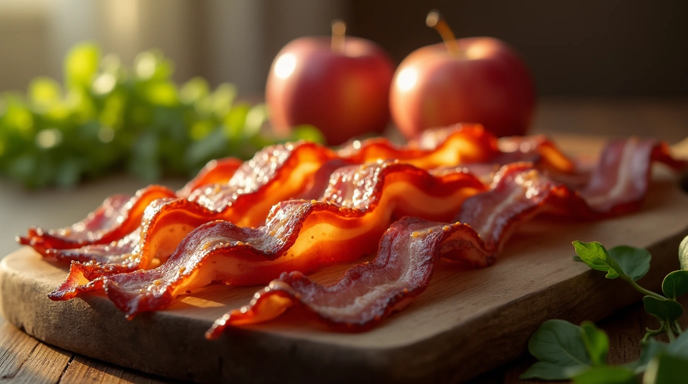 A close-up shot of Apple Smoked Bacon on a rustic wooden cutting board, with fresh apples and lettuce in the background.