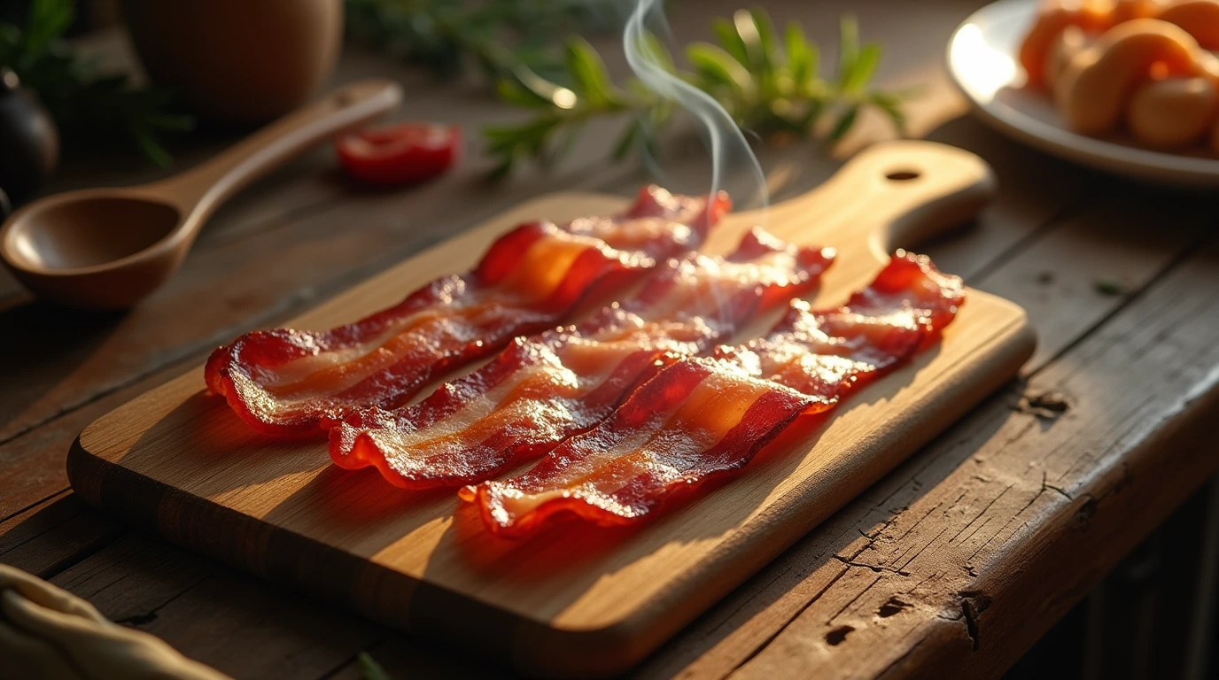 A close-up shot of smoked bacon on a rustic wooden cutting board, with a few sprigs of fresh rosemary and a worn wooden spoon in the background.